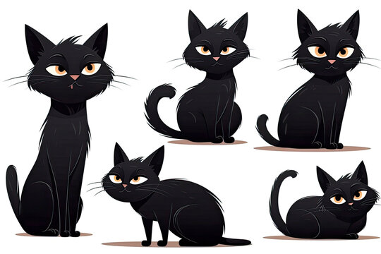 Funny black cat character in different poses isolated on a white background