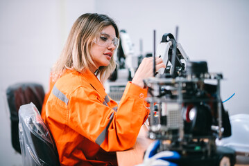 Fototapeta na wymiar Female automation engineer checking and repair robot arm welding hardware part in factory. Young specialist robot engineers maintenance and testing new innovation for industrial.