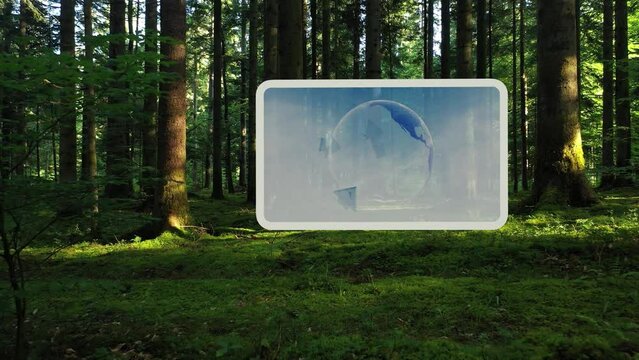 Concept ecology earth planet on screen display in the mossy forest.