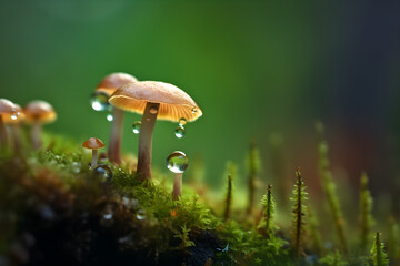 mushrooms in the grass with defocused background