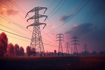 Fototapeta premium High voltage transmission towers with red glowing wires against blue sky - Energy concept
