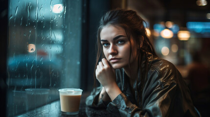 Serious looking young woman keeping eye contact with you - AI Portrait Photography - obrazy, fototapety, plakaty