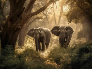 Fototapeta na wymiar Elephants walking in a mystic forest atmosphere. Generative AI