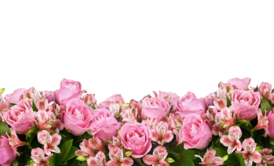 Foto op Plexiglas Border with pink roses and alstroemeria flowers isolated on white or transparent background © Ortis