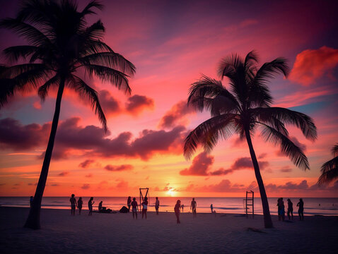 A beautiful illustration of a sunset at a beach. Generative AI