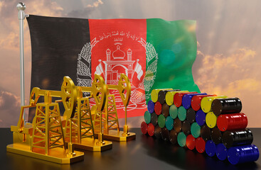 The Afghanistan's petroleum market. Oil pump made of gold and barrels of metal. The concept of oil production, storage and value. Afghanistan flag in background.  3d Rendering.