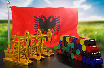 The Albania's petroleum market. Oil pump made of gold and barrels of metal. The concept of oil production, storage and value. Albania flag in background.  3d Rendering.