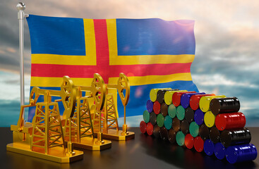 The Aland Islands's petroleum market. Oil pump made of gold and barrels of metal. The concept of oil production, storage and value. Aland Islands flag in background.  3d Rendering.