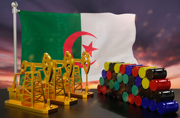 The Algerian's petroleum market. Oil pump made of gold and barrels of metal. The concept of oil production, storage and value. Algerian flag in background.  3d Rendering.
