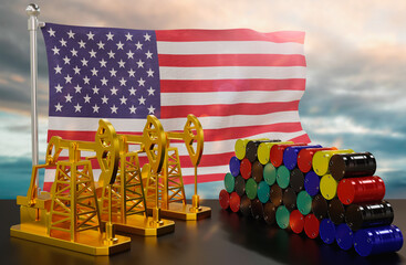 The American's petroleum market. Oil pump made of gold and barrels of metal. The concept of oil production, storage and value. American flag in background.  3d Rendering.