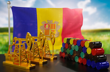 The Andorra's petroleum market. Oil pump made of gold and barrels of metal. The concept of oil production, storage and value. Andorra flag in background.  3d Rendering.