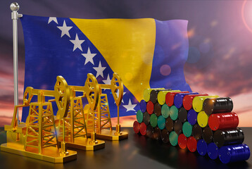 The Bosnia and Herzegovina's petroleum market. Oil pump made of gold and barrels of metal. The concept of oil production, storage and value. Bosnia and Herzegovina flag in background.  3d Rendering.