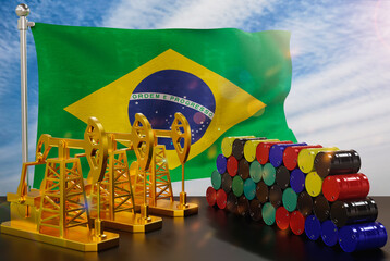 The Brazil's petroleum market. Oil pump made of gold and barrels of metal. The concept of oil production, storage and value. Brazil flag in background.  3d Rendering.