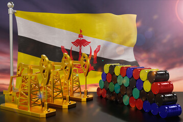 The Brunei's petroleum market. Oil pump made of gold and barrels of metal. The concept of oil production, storage and value. Brunei flag in background.  3d Rendering.