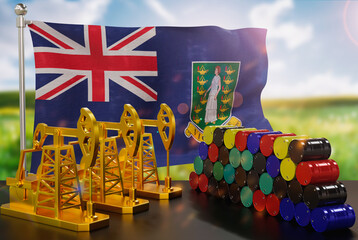 The British Virgin Islands's petroleum market. Oil pump made of gold and barrels of metal. The concept of oil production, storage and value. British Virgin Islands flag in background.  3d Rendering.