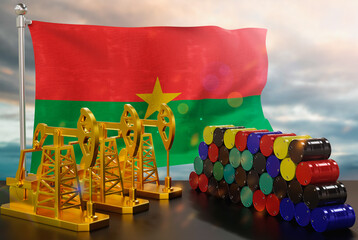 The Burkina Faso's petroleum market. Oil pump made of gold and barrels of metal. The concept of oil production, storage and value. Burkina Faso flag in background.  3d Rendering.