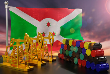 The Burundi's petroleum market. Oil pump made of gold and barrels of metal. The concept of oil production, storage and value. Burundi flag in background.  3d Rendering.