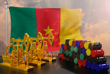 The Cameroon's petroleum market. Oil pump made of gold and barrels of metal. The concept of oil production, storage and value. Cameroon flag in background.  3d Rendering.
