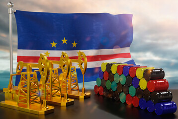 The Cape Verde's petroleum market. Oil pump made of gold and barrels of metal. The concept of oil production, storage and value. Cape Verde flag in background.  3d Rendering.