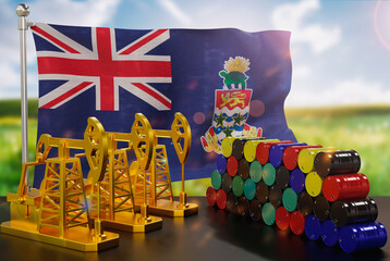 The Cayman Islands's petroleum market. Oil pump made of gold and barrels of metal. The concept of oil production, storage and value. Cayman Islands flag in background.  3d Rendering.