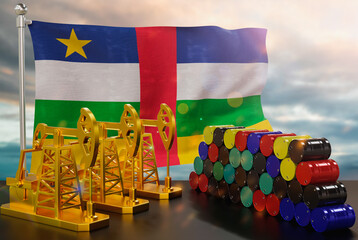 The Central African Republic's petroleum market. Oil pump made of gold and barrels of metal. The concept of oil production, storage and value. Central African Republic flag in background.  3d Render