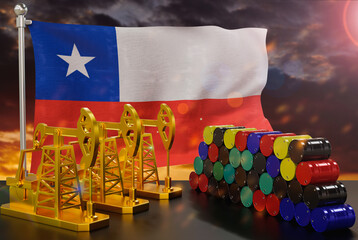 The Chile's petroleum market. Oil pump made of gold and barrels of metal. The concept of oil production, storage and value. Chile flag in background.  3d Rendering.