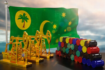 The Cocos Keeling Islands's petroleum market. Oil pump made of gold and barrels of metal. The concept of oil production, storage and value. Cocos Keeling Islands flag in background.  3d Rendering.