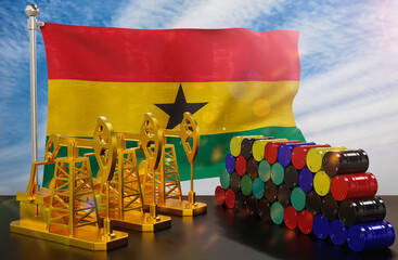 The Ghana's petroleum market. Oil pump made of gold and barrels of metal. The concept of oil production, storage and value. Ghana flag in background.  3d Rendering.