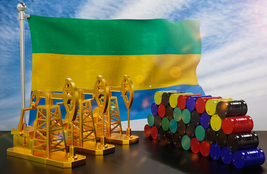The Gabon's petroleum market. Oil pump made of gold and barrels of metal. The concept of oil production, storage and value. Gabon flag in background.  3d Rendering.