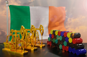 The Ireland's petroleum market. Oil pump made of gold and barrels of metal. The concept of oil production, storage and value. Ireland flag in background.  3d Rendering.