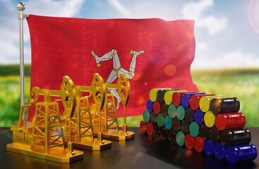 The Isle of Man's petroleum market. Oil pump made of gold and barrels of metal. The concept of oil production, storage and value. Isle of Man flag in background.  3d Rendering.