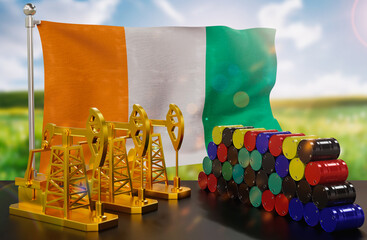 The Ivory Coast's petroleum market. Oil pump made of gold and barrels of metal. The concept of oil production, storage and value. Ivory Coast flag in background.  3d Rendering.