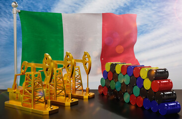 The Italian's petroleum market. Oil pump made of gold and barrels of metal. The concept of oil production, storage and value. Italian flag in background.  3d Rendering.