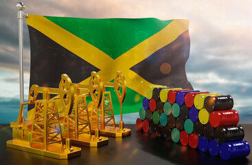 The Jamaica's petroleum market. Oil pump made of gold and barrels of metal. The concept of oil production, storage and value. Jamaica flag in background.  3d Rendering.