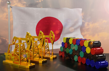 The Japan's petroleum market. Oil pump made of gold and barrels of metal. The concept of oil production, storage and value. Japan flag in background.  3d Rendering.