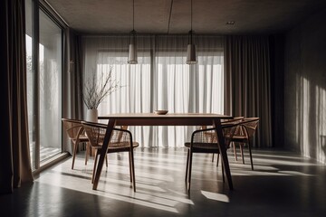 Fototapeta na wymiar Minimalist interior with wooden dining table and chairs, concrete floor, transparent curtain on window, light and shadow. Generative AI