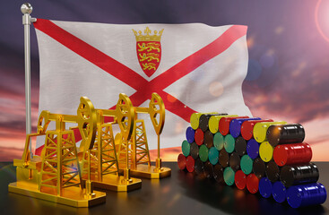 The Jersey's petroleum market. Oil pump made of gold and barrels of metal. The concept of oil production, storage and value. Jersey flag in background.  3d Rendering.