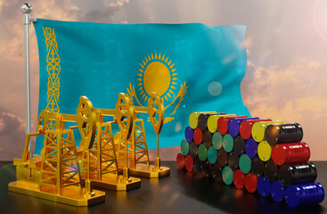 The Kazakhstan's petroleum market. Oil pump made of gold and barrels of metal. The concept of oil production, storage and value. Kazakhstan flag in background.  3d Rendering.