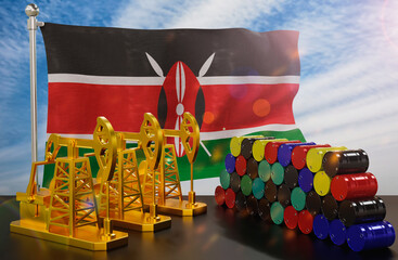 The Kenya's petroleum market. Oil pump made of gold and barrels of metal. The concept of oil production, storage and value. Kenya flag in background.  3d Rendering.