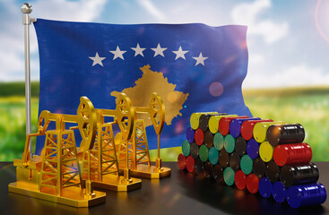 The Kosovo's petroleum market. Oil pump made of gold and barrels of metal. The concept of oil production, storage and value. Kosovo flag in background.  3d Rendering.