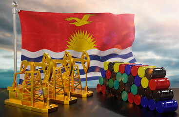 The Kiribati's petroleum market. Oil pump made of gold and barrels of metal. The concept of oil production, storage and value. Kiribati flag in background.  3d Rendering.
