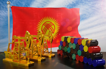 The Kyrgyzstan's petroleum market. Oil pump made of gold and barrels of metal. The concept of oil production, storage and value. Kyrgyzstan flag in background.  3d Rendering.