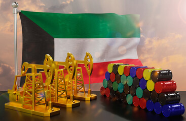 The Kuwait's petroleum market. Oil pump made of gold and barrels of metal. The concept of oil production, storage and value. Kuwait flag in background.  3d Rendering.