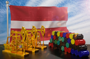 The Latvia's petroleum market. Oil pump made of gold and barrels of metal. The concept of oil production, storage and value. Latvia flag in background.  3d Rendering.