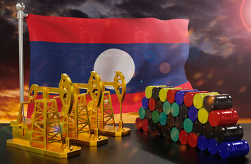 The Laos's petroleum market. Oil pump made of gold and barrels of metal. The concept of oil production, storage and value. Laos flag in background.  3d Rendering.