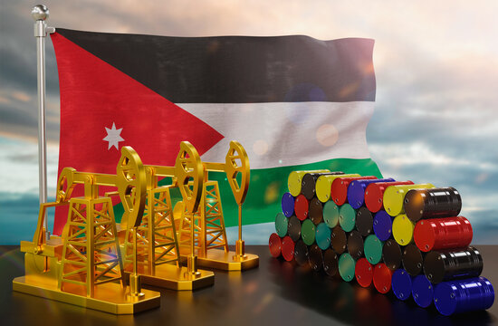 The Jordan's petroleum market. Oil pump made of gold and barrels of metal. The concept of oil production, storage and value. Jordan flag in background.  3d Rendering.