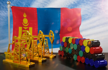 The Mongolia's petroleum market. Oil pump made of gold and barrels of metal. The concept of oil production, storage and value. Mongolia flag in background.  3d Rendering.