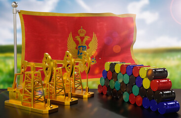The Montenegro's petroleum market. Oil pump made of gold and barrels of metal. The concept of oil production, storage and value. Montenegro flag in background.  3d Rendering.