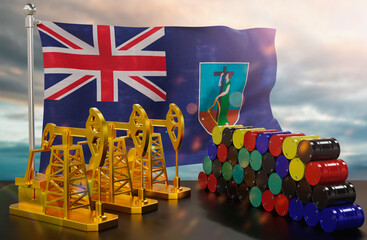 The Montserrat's petroleum market. Oil pump made of gold and barrels of metal. The concept of oil production, storage and value. Montserrat flag in background.  3d Rendering.