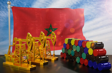 The Morocco's petroleum market. Oil pump made of gold and barrels of metal. The concept of oil production, storage and value. Morocco flag in background.  3d Rendering.